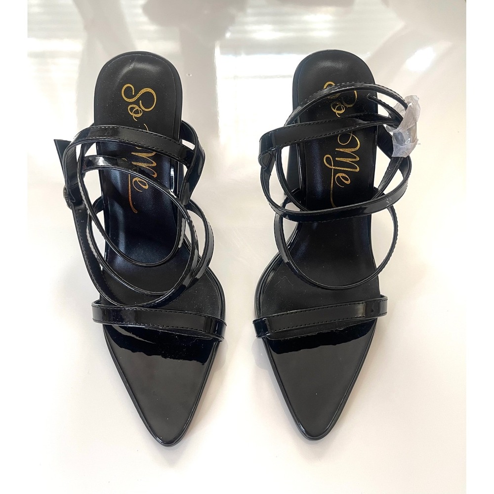 Black Patent Multi Strap Pointed Toe Block‎ Heel Sandals